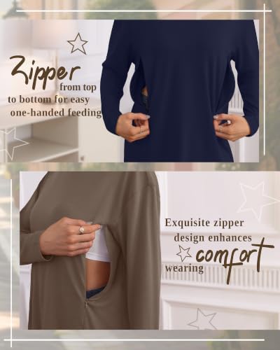 3 Pack Nursing Breastfeeding Tops - color: Charcoal Gray, Light Brown, Black, size: Medium