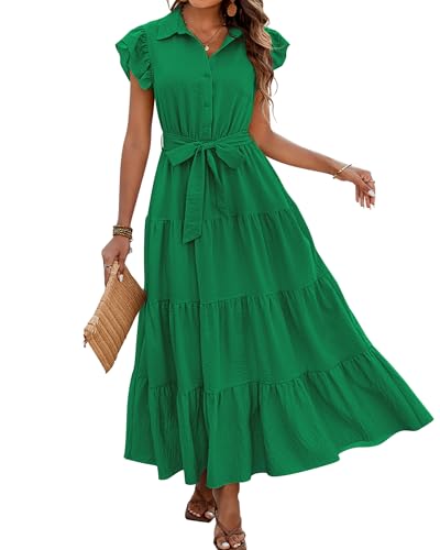 dowerme Women Ruffle Sleeve Button Belted Boho Maxi Dress - color: Bright Green, size: X-Large
