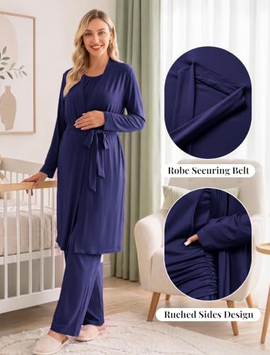 Women 3PCS Maternity Robe Sets Nursing Pajamas Postpartum Breastfeeding Pjs - color: Navy Blue, size: X-Large