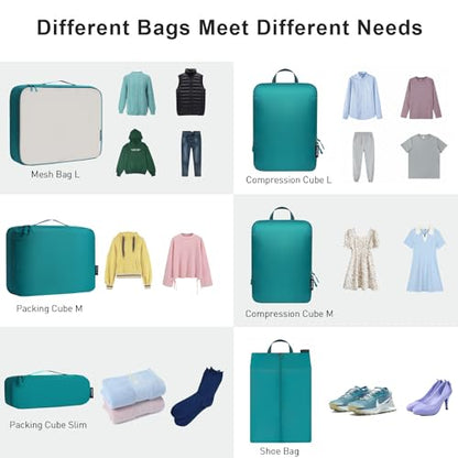 Bagail Ultralight Compression Cubes 7 Set - 3 Packing Cubes, 3 Organizers, and 1 Shoe Bag - color: The Teal, style: Cloth Pattern