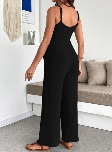 BLENCOT Maternity Ribbed Jumpsuit Stretchy One Piece Wide Leg Romper - color: Black, size: Medium