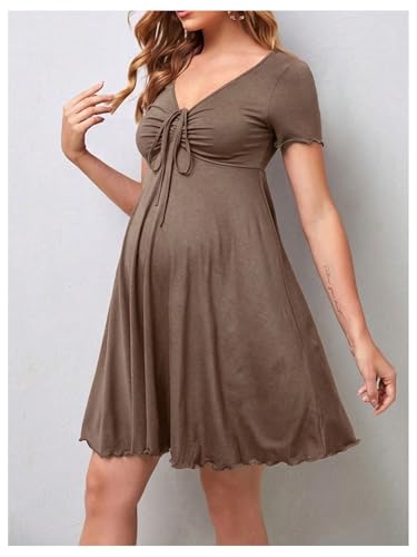 OYOANGLE Women's Maternity Tie Front V Neck Short Dresses - color: Khaki, size: X-Small