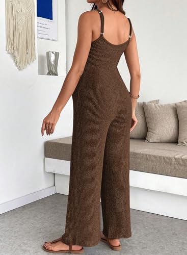 BLENCOT Maternity Ribbed Jumpsuit Stretchy One Piece Wide Leg Romper - color: Brown, size: Small