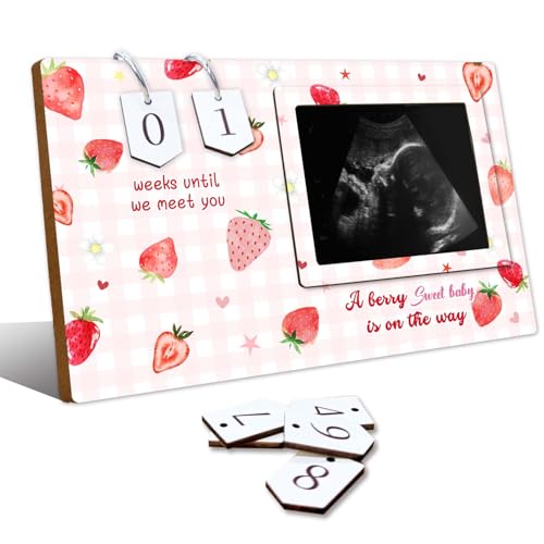 Strawberry Baby Shower Decorations,Baby Countdown Sonogram Picture Frame,Ultrasound Photo Frame for Sweet Gender Reveal Decor,Lovely Gifts for New Parents,Fruit Babies Shower Keepsake for Nursery - size: strawberry