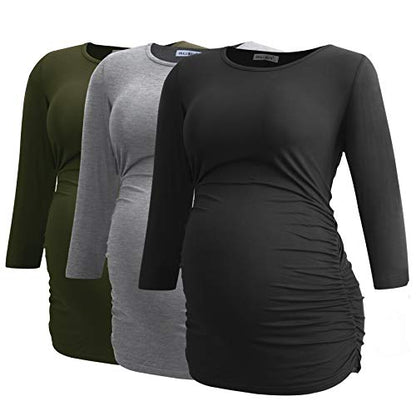 Smallshow Women's Maternity Tunic Shirts 3/4 Sleeve Ruched Pregnancy Tops - color: Army Green-black-grey(3 Pack), size: Large