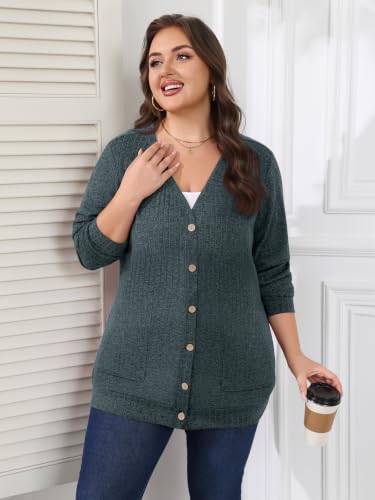 Lastshe Women Plus Size Cardigan Fall Thin Sweaters with Pockets 1X-5X - color: Dark Green, size: 1X
