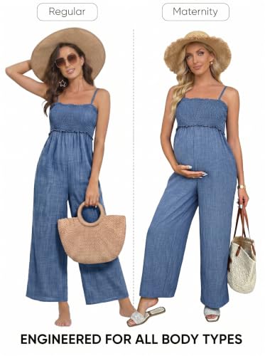 BLENCOT Women's Smocked Maternity Jumpsuit Loose Overalls - color: Dusk Blue, size: Large