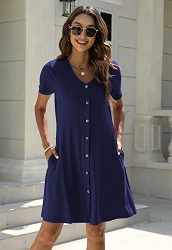 Manydress Women's Button Down Summer Dress Short Sleeve with Pockets - color: Dark Blue, size: Medium