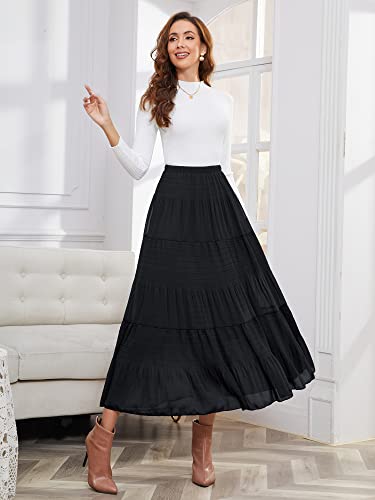 NASHALYLY Women's Chiffon Elastic High Waist Pleated A-Line Maxi Skirts - color: Black, size: Medium