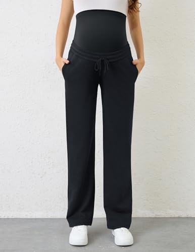 PACBREEZE Women's Maternity Pants Straight Leg Over Belly Casual Comfy Activewear Pregnancy Pants with Drawstrings(Black, Small)
