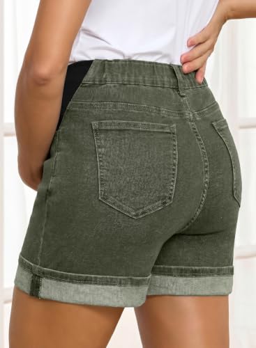 BLENCOT Women's Summer Maternity Jean Shorts Fold Hem Stretchy Denim Pants - color: Dark Green, size: X-Large
