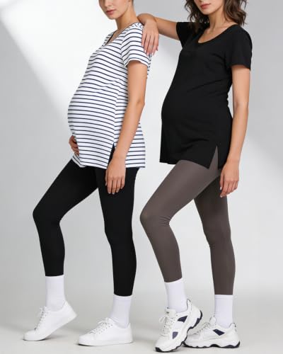 Women's Maternity Shirts Short Sleeve Split Hem Pregnancy Tops Clothes - color: Black, size: Medium