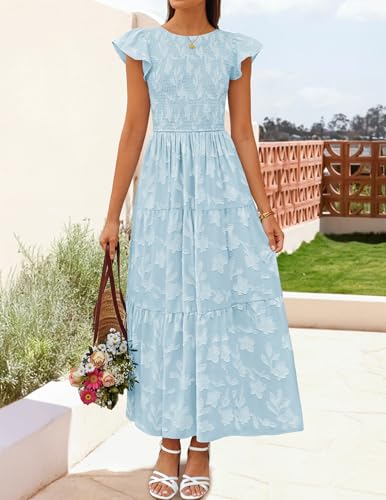 ZESICA Women's Summer Floral Boho Smocked Flowy Maxi Dress - color: Blue, size: Small