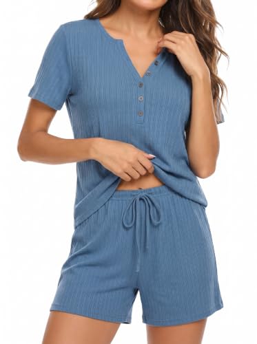 OUGES Women's 100% Soft Cotton Maternity Pajamas Sets Short Sleeve Pregnancy Postpartum 2 Piece Outfits Sleepwear - color: Blue, size: X-Large