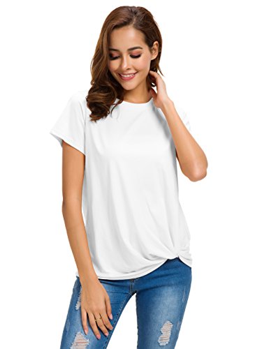 LUSMAY Womens Short Sleeve Loose Twist Knot Front T Shirts Cotton Casual Blouse - color: White, size: Medium