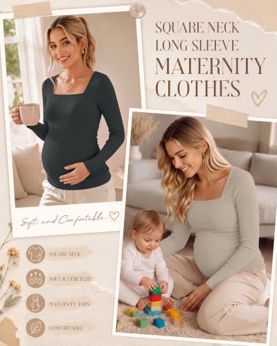 Huukeay 4 Pack Women's Maternity Shirts Ribbed Pregnancy Tops - color: Black, Brown, Light Khaki, Dark Gray, size: Small