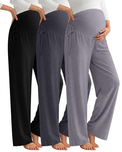Neer 3 Pack Women's Maternity Lounge Wide Leg Pants - color: Light Gray, Dark Gray, Black, size: Medium