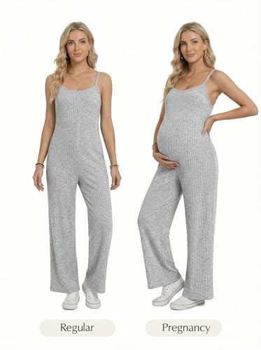 BLENCOT Maternity Ribbed Jumpsuit Stretchy One Piece Wide Leg Romper - color: Grey, size: Medium