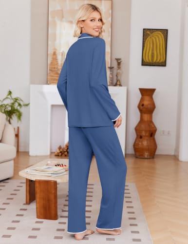Ekouaer Pajamas for Women Set Long Sleeve Lounge Set Soft Button Down Pjs - color: Navy, size: Medium