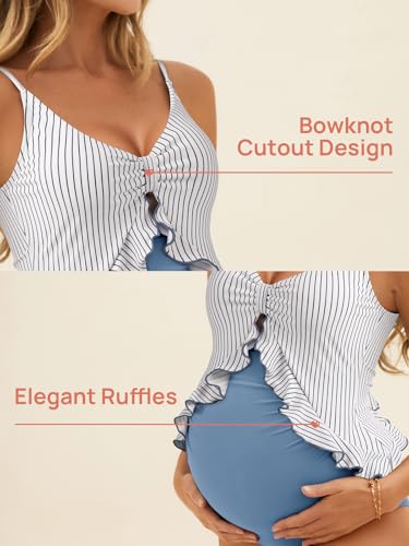 Summer Mae Maternity Swimsuit One Piece Ruffle Pregnancy Bathing Suit - color: Blue Stripe, size: Large