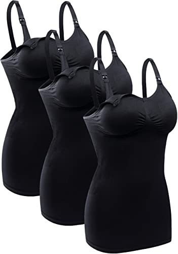 Womens Nursing Tank Tops Built in Bra for Breastfeeding Maternity Camisole Brasieres - color: Black*3, size: Medium