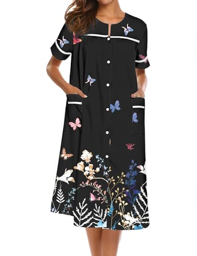 Ekouaer House Dress for Women with Pockets Duster Button Down Nightgown - color: Black Butterfly, size: Large