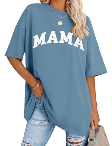 LOMON Oversized T Shirts for Women Short Sleeve Crewneck Summer Tops Loose Casual Mama Shirts Basic Tee - color: Mama-blue Grey Letter, size: 5X-Large