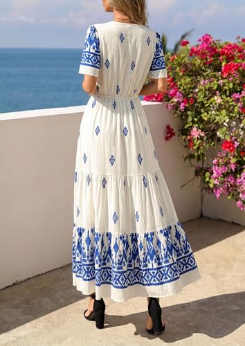 PRETTYGARDEN Womens Short Sleeve Boho Maxi Dress - color: Apricot Blue Flower, size: Medium