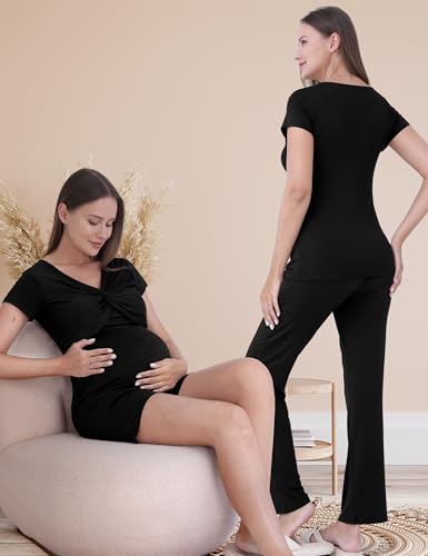 3-Piece Maternity Nursing Pajamas Set for Pregnancy & Postpartum - color: Black, size: Medium