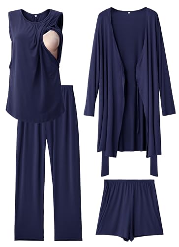 Rnxrbb 4 PCS Hospital&Home Nursing Pajamas Robe Set Maternity Postpartum Pj - color: Navy, size: Medium