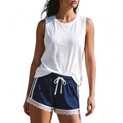 MAKABO Women's 2 Piece Summer Shorts Matching Sets Lace Sleeveless Tank Top Airport Lounge Travel Outfit - color: Blue, size: X-Large