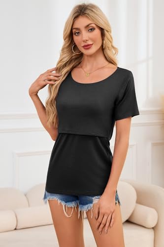 Smallshow Women's 4 Pack Ribbed Short Sleeve Nursing Tops - color: Blue-black-light Grey-misty Lilac(4 Packs), size: Medium