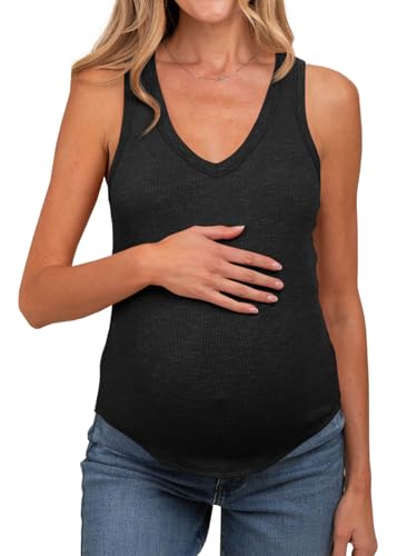 Tankaneo Womens Maternity Tank Tops Sleeveless V Neck Ribbed Knit Shirts - color: Black, size: Medium