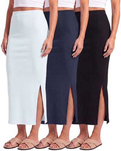 3 Pack Women's Ribbed Maxi Long Skirts High Waisted with Side Slit Pencil - color: Set 3, size: Small