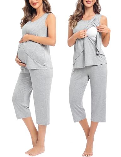 SWOMOG Women Maternity Pajama Set Nursing Pjs Double Layer Sleeveless Top Capri Pregnancy Set Breastfeeding Pjs with Pockets - color: Grey, size: Small