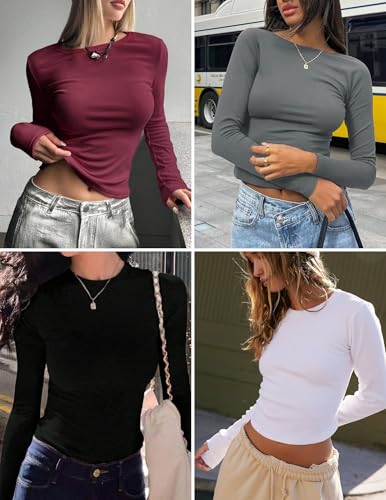 3 Pack Long Sleeve Shirts for Women Basic Crew Neck Tops Thermal T-Shirts - color: Black/Brown/Beige, size: Medium
