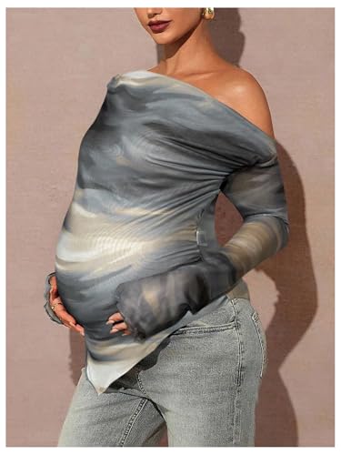 RoseSeek Women's Maternity Off The Shoulder Asymmetrical Tops Mesh Shirts - color: Grey, size: Small