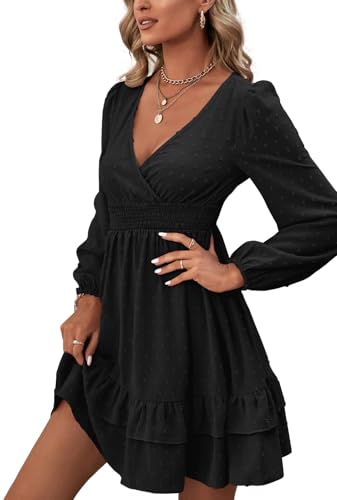 Rooscier Women's Wrap V Neck Swing Ruffle Swiss Dots Long Sleeve Mini Dress - color: Plain Black, size: Small