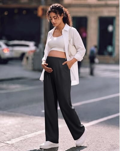 G4Free Chillwhisp Maternity Pants Lightweight with Adjustable Waisted Pregnancy Wide Leg Trousers Summer - color: Black, size: Small Tall