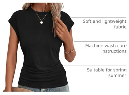Bliwov Womens Summer Tops Cap Sleeve Crew Neck Casual T Shirts - color: Black, size: Large