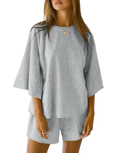 Tankaneo Womens 2 Piece Pajama Sets Oversized Tops Loose Shorts Lounge Sets - color: Grey, size: Medium