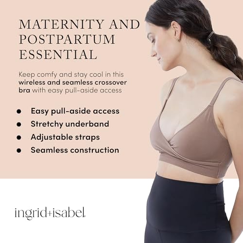 Ingrid & Isabel Cooling Crossover Nursing Bra - Wireless Seamless Postpartum and Maternity Bra for Breastfeeding - color: Deep Taupe, size: Medium