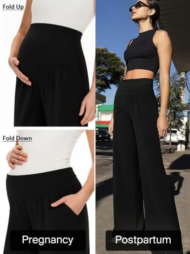 Ecavus 3Pack Womens Maternity Pants Wide Leg Lounge Palazzo Pregnancy Pants - color: Black+dark Grey+grey, size: X-Large