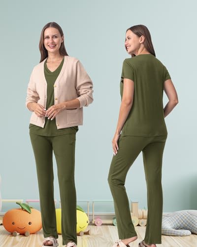Rnxrbb 3 PCS Women Nursing Pajamas Set Postpartum Maternity Pj with Pockets - color: Army Green, size: Small