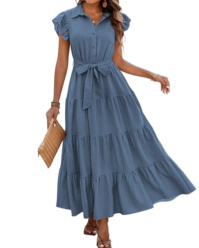 dowerme Women Ruffle Sleeve Button Belted Boho Maxi Dress - color: Grey Blue, size: X-Large