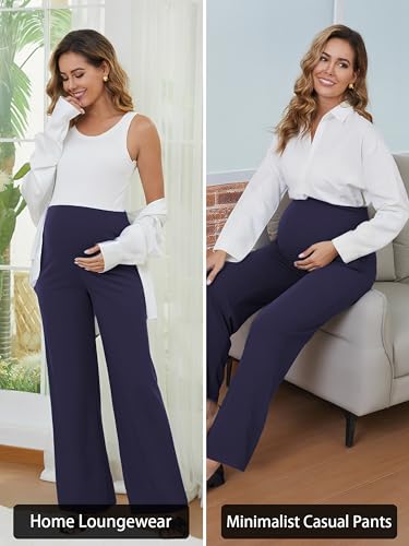 Ecavus 3Pack Womens Maternity Pants Wide Leg Lounge Palazzo Pregnancy Pants - color: Black+navy+brown, size: Large