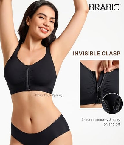 BRABIC Front Zip Closure Bras for Women - color: Black, size: Medium