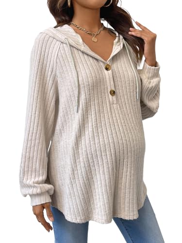 BEAUDRM Women's Maternity Half Button Sweatshirts Long Sleeve Ribbed Knit Pregnancy Shirt Spring Clothes - color: Khaki, size: X-Large