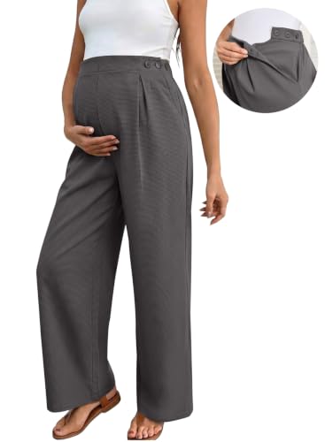 BLENCOT Maternity Pants Work Waffle Knit Wide Leg Pregnancy Trousers - color: Carbon Grey, size: Small
