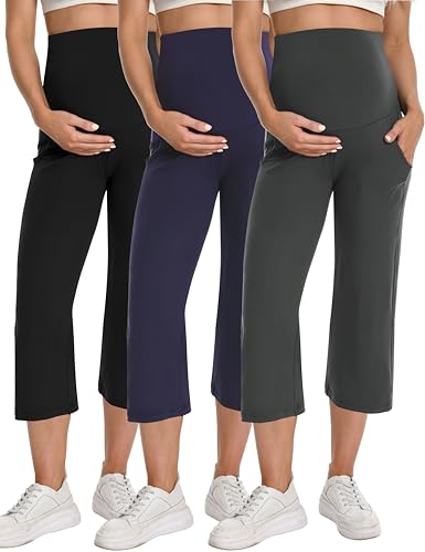Foucome Maternity Capris Wide Leg Cropped Yoga Pants - color: Black/Grey/Navy, size: Medium